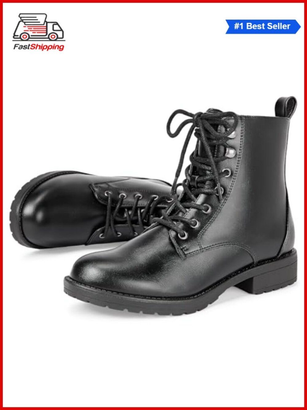Women's Faux Leather Combat Ankle Boots Lace-Up Side Zipper